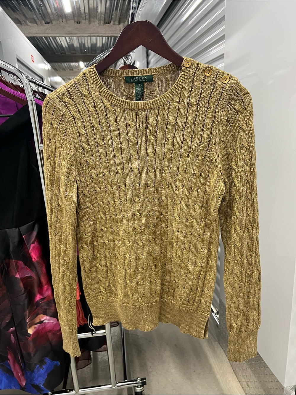 Ralph Lauren Gold Cable-Knit Button-Shoulder Sweater